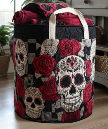 Bold Crimson Skull Quilted Fabric Laundry Hamper — Heavy-Duty Decorative Foldable Laundry Basket With Handles For Stylish Rooms