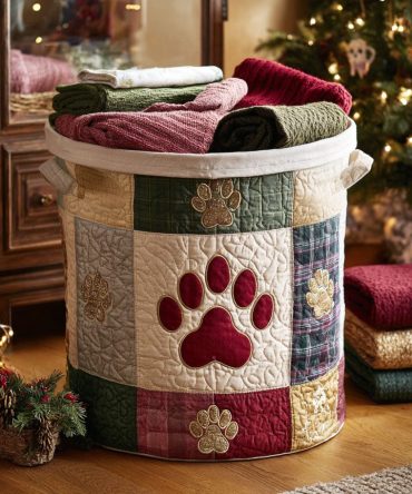 Crimson Paw-Print Quilted Laundry Hamper - Durable Collapsible Fabric Basket For Bedroom, Nursery & Pet Owners