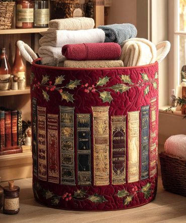 Premium Quilted Laundry Hamper - Crimson Library Design, Collapsible Fabric Clothes Basket, Machine Washable, Stylish Home Storage