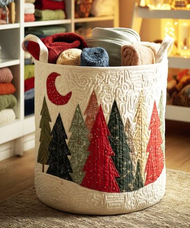 Crimson Moon Pines Quilted Storage Hamper — Rustic Holiday Laundry Basket With Quilted Fabric, Large Collapsible Design & Sturdy Handles