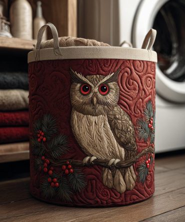 Crimson Owl Quilted Laundry Hamper - Bold Red Owl Design, Collapsible Fabric Storage Basket With Reinforced Handles For Home
