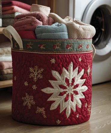 Crimson Snowflake Quilted Laundry Hamper — Festive Red Holiday Fabric Bin, Decorative Laundry Basket With Handles For Seasonal Storage