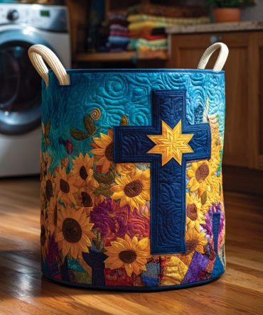 Cross Sunflower Quilted Laundry Hamper — Stylish Floral Fabric Basket, Foldable Laundry Organizer For Home & Closet