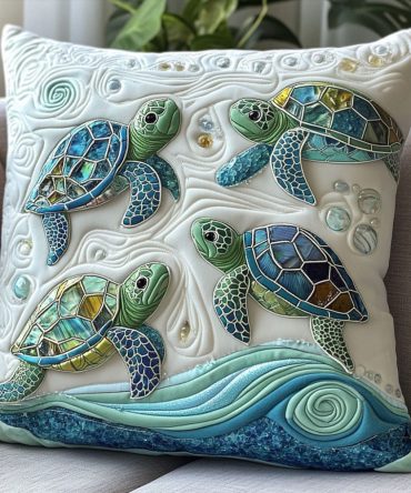Crystal Wave Turtles Quilted Pillowcase - Turtle & Wave Coastal Print, Soft Quilted Decorative Pillow Cover For Nautical Style