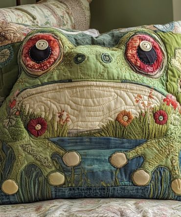 Cushion Croak Quilted Pillowcase — Playful Frog Croak Motif, Durable Cotton-Blend Throw Pillow Cover With Hidden Zipper For Easy Care
