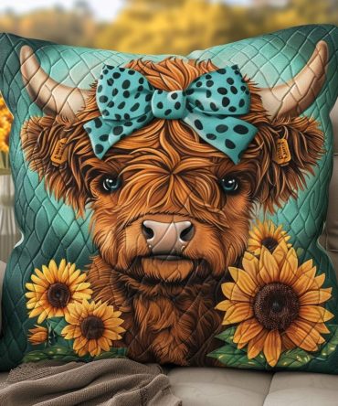 Adorable Baby Highland Cow Quilted Pillowcase — Soft Nursery & Kids Room Decorative Throw Pillow Cover, Cute Animal Gift Idea