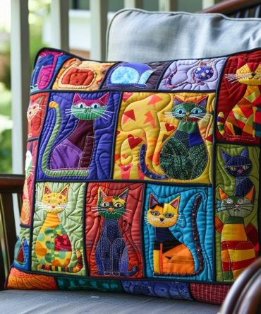 Adorable Cat Quilted Pillow Cover - Cute Decorative Pillow Sham, Soft Quilted Cotton, Cozy Accent For Cat Lovers And Nursery Spaces