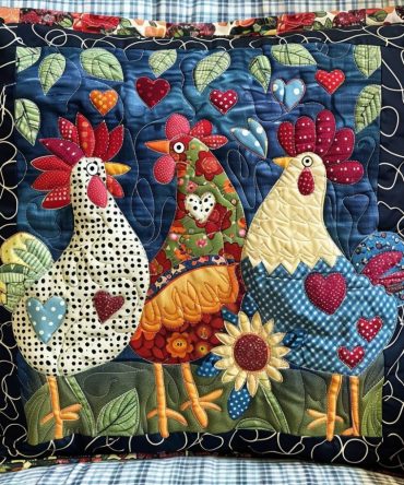 Whimsical Chicken Quilted Pillow Cover — Cute Farmhouse Decor, Colorful Rooster Motif, Soft Cotton Blend, Reversible Sham