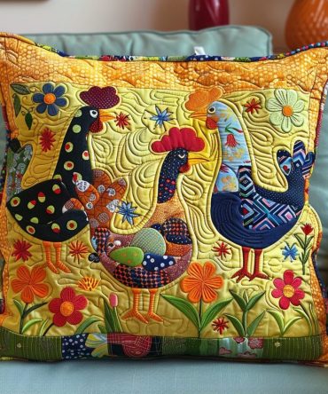 Cute Quilted Chicken Accent Pillow Cover — Adorable Farm Chicken Motif Decorative Throw Case, Soft Cotton Blend, Zippered