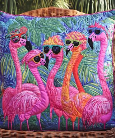 Cute Flamingo Quilted Pillow Cover - Charming Pink Flamingo Design Decorative Throw Pillow Sham, Coastal Boho Accent, Hypoallergenic Cotton