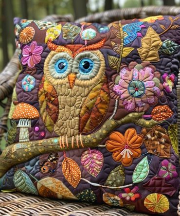 Cute Owl Quilted Throw Pillow Cover — Charming Cartoon Owl Design, Soft Quilted Sham For Baby, Toddler & Kids' Room Accent