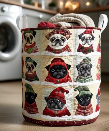 Cute Pug Patchwork Quilted Laundry Hamper – Playful Patchwork Dog Print Fabric Storage Bin, Collapsible & Machine-Washable With Handles
