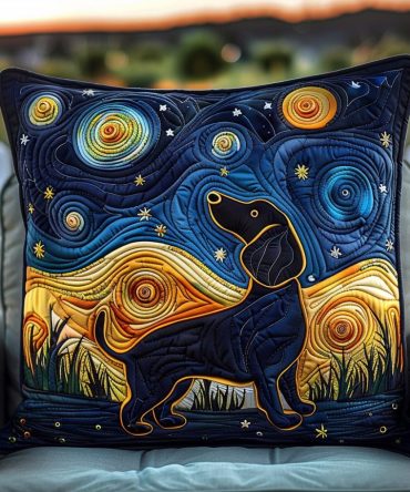 Mystical Night Dachie Quilted Pillow Cover — Enchanting Dachshund Moonlit Design, Soft Machine-Washable Throw Pillowcase For Cozy Home Decor