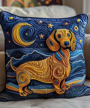 Dachshund Night Quilted Pillow Cover — Cozy Dachie Dog Throw Pillowcase With Night Sky Motif, Soft Cotton-Blend Home Decor & Gift Idea