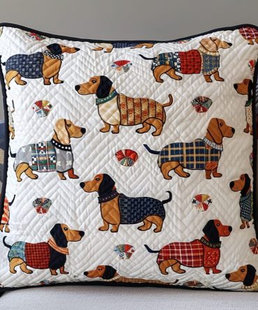 Dachshund Pattern Quilted Pillow Cover — Trendy Repeating Dog Print Decorative Throw Pillowcase, Soft Durable Fabric For Sofa, Bedroom & Gift