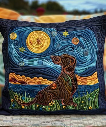 Stargazing Dachshund Quilted Pillow Cover — Whimsical Night Sky Dog Throw Pillowcase, Soft Durable Fabric For Couch, Bedroom & Pet Lovers