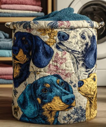 Botanical Charm Dachshund Quilted Laundry Hamper — Greenery Dog-Print Storage Basket, Quilted Padded Cotton, Fold-Flat Laundry Organiser, Large-Capacity & Easy-Care