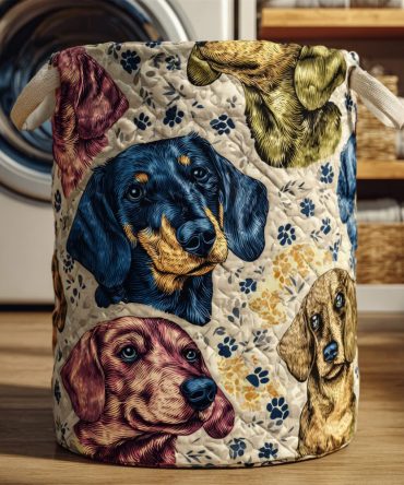 Best-Selling Cream Dachshund Quilted Laundry Hamper — Large Padded Dog-Print Storage Basket, Foldable Cotton Blend, Large-Capacity & Easy-Care