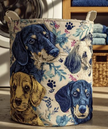 Patchwork Portrait Dachshund Quilted Laundry Hamper — Artful Dog-Print Storage Basket, Padded Quilt Design, Foldable Fabric Laundry Hamper, Large-Capacity & Easy-Care