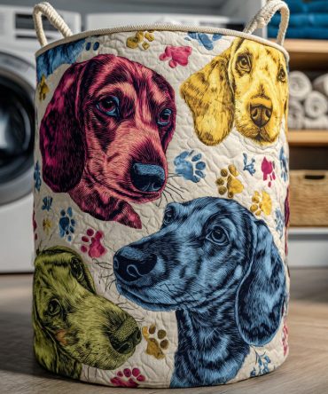 Pawprint Garden Dachshund Quilted Laundry Hamper — Playful Dog-Paw Print Storage Basket, Padded Foldable Cotton Laundry Organizer For Pet Lovers, Large-Capacity & Easy-Care