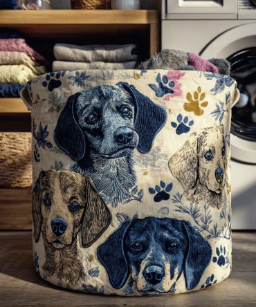 Toile De Jouy Dachshund Quilted Laundry Hamper — Elegant Vintage Dog-Print Storage Basket, Padded Cotton Blend, Foldable Home Organizer, Large-Capacity & Easy-Care