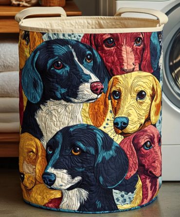 Warm Home Dachshund Quilted Laundry Hamper — Cozy Neutral Dog-Print Storage Basket, Padded Quilted Cotton, Collapsible Laundry Organizer, Large-Capacity & Easy-Care