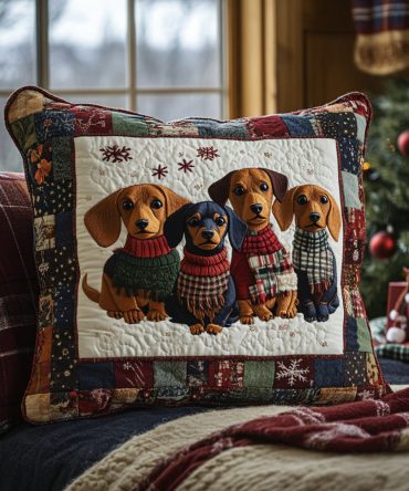 Dachshund By The Fire Quilted Pillow Cover — Cozy Dachshund Holiday Throw Pillow Case For Hearthside Decor, Sofa & Pet-Lover Gifts