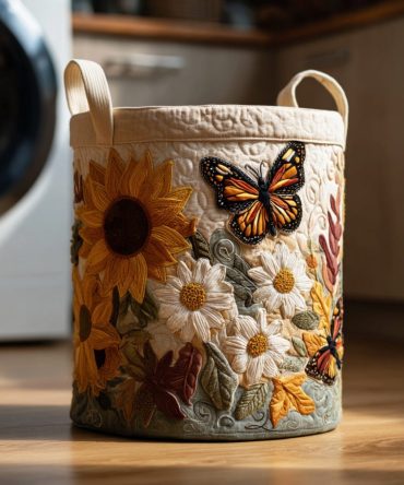 Dahlia Sunflower Quilted Laundry Hamper — Elegant Floral Fabric Basket With Handles, Foldable Laundry Organizer For Stylish Homes