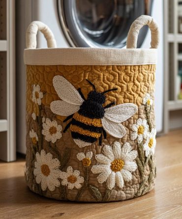 Daisy Bee Floral Quilted Laundry Hamper – Cheerful Bees & Daisies Foldable Storage Basket For Nursery, Bathroom & Everyday Use