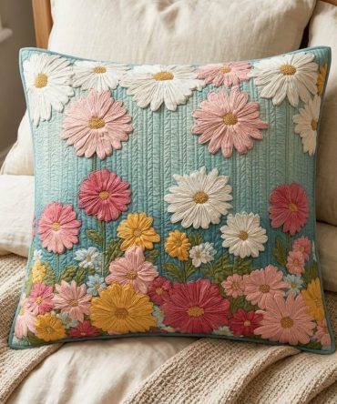 Daisy Bloom Quilted Pillow Cover — Cheerful Floral Decorative Throw For Cottage, Bedroom, Living Room & Nursery, Soft & Machine-Washable
