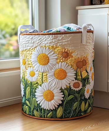 Daisy Breeze Quilted Laundry Hamper — Light Floral Daisy Pattern, Foldable Fabric Basket With Comfortable Handles For Home