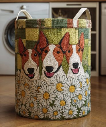 Daisy Bull Terrier Quilted Laundry Hamper — Charming Floral Dog Print Foldable Storage Basket For Bedrooms & Nurseries