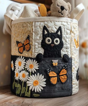 Daisy Cat Quilted Fabric Hamper — Playful Floral & Cat Pattern Foldable Laundry Basket With Handles, Cute Storage For Kids & Pet Rooms
