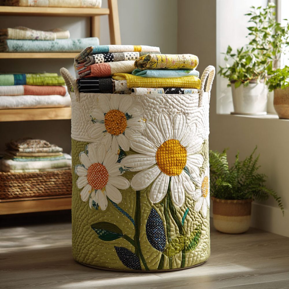 Daisy Chain Cottage Quilted Laundry Hamper - Charming Floral Foldable Storage Basket, Soft Cotton Blend, Lightweight Room & Nursery Organizer