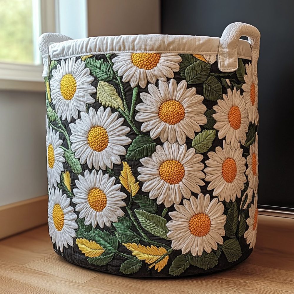Daisy Cottage Quilted Laundry Hamper - Charming Daisy Pattern Quilted Basket, Collapsible Durable Hamper For Bedroom & Nursery