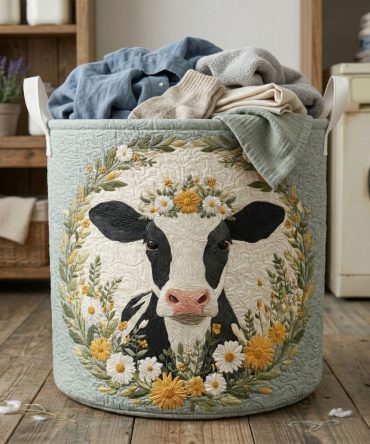Daisy Cow Garden Quilted Laundry Hamper — Cheerful Daisy & Cow Print Foldable Fabric Bin With Handles For Bright Home Organization