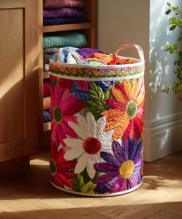 Daisy Delight Quilted Fabric Laundry Hamper — Cheerful Floral Foldable Laundry Basket With Handles For Bright Bedrooms & Nurseries