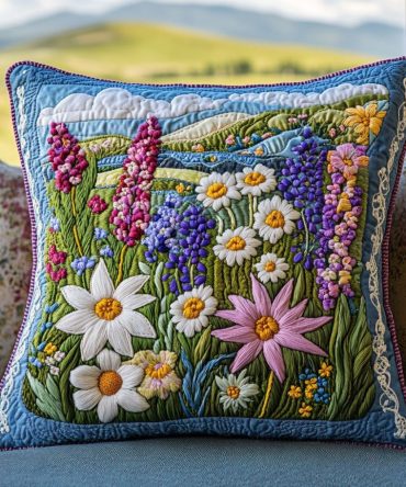 Hand‑Quilted Daisy Floral Pillow Cover — Decorative Throw Accent For Bed & Sofa , Soft Quilted Texture, Machine‑Washable, Gift‑Ready