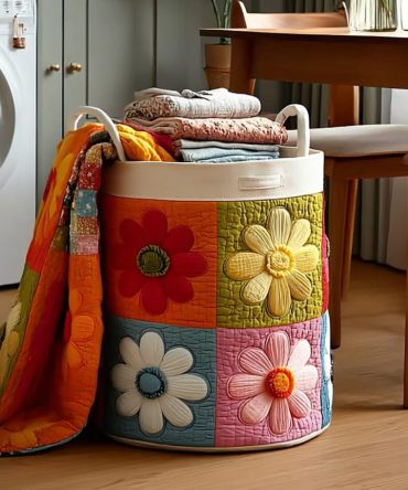 Bright Daisy Quilted Laundry Hamper – Foldable Large-Capacity Floral Fabric Basket With Easy-Carry Handles & Cheerful Daisy Print For Home