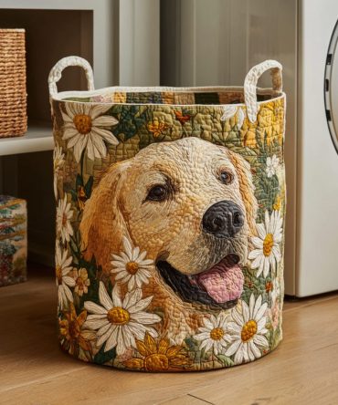 Daisy Golden Retriever Quilted Laundry Hamper — Cheerful Floral & Dog Print Foldable Fabric Basket For Home & Nursery