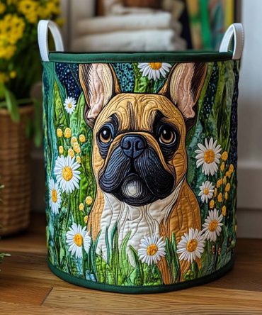Daisy Meadow Frenchie Quilted Hamper — Floral French Bulldog Design, Large Collapsible Washable Laundry Organizer With Handles