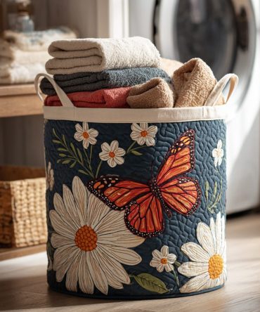 Decorative Quilted Laundry Hamper — Daisy Monarch Butterfly Pattern, Foldable Fabric Bin With Sturdy Handles
