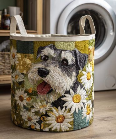 Daisy Schnauzer Smile Quilted Laundry Hamper - Floral Dog Pattern Fabric Basket, Collapsible Padded Hamper With Handles For Charming Storage