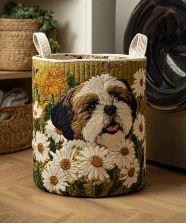 Daisy Shih Tzu Quilted Laundry Hamper – Floral Dog Print Storage Basket, Foldable Durable Fabric Hamper With Easy-Carry Handles