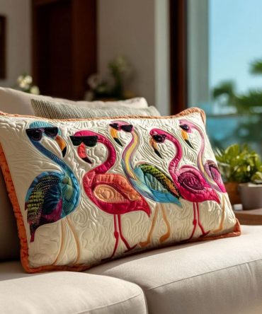 Dance Of The Flamingo Quilted Pillow Cover — Tropical Flamingo Decorative Pillowcase, Vibrant Stitched Accent For Patio & Indoor Living Spaces