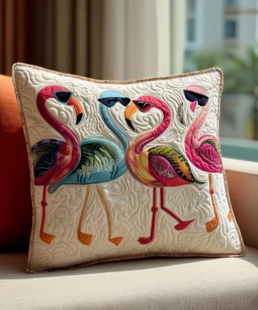 Vibrant Quilted Flamingo Throw Pillow Cover — Tropical Decorative Quilted Pillowcase For Sofa, Bed & Patio Accent