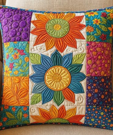 Dancing Sunlight Quilted Pillow Cover — Bright Floral And Sunburst Decorative Throw Pillowcase, Soft Cotton-Blend Accent For Cheerful Home Styling