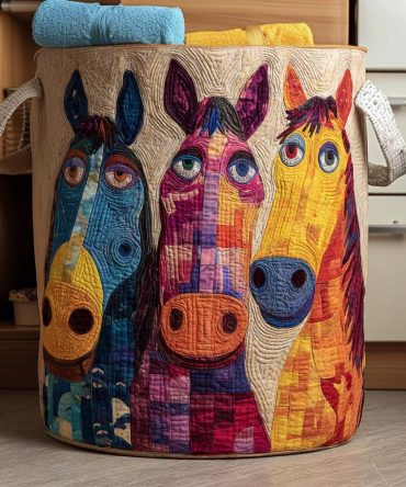 Dancing Horses Quilted Laundry Hamper — Decorative Horse-Themed Fabric Laundry Basket, Collapsible & Durable For Bedroom Or Nursery