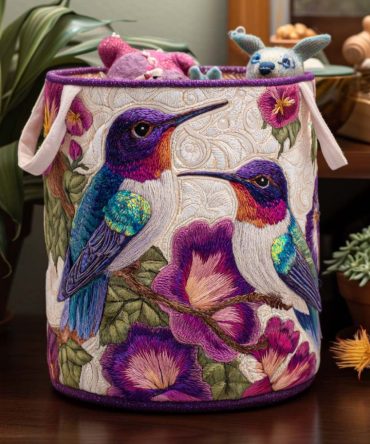 Dancing Hummingbird Joy Quilted Laundry Hamper — Decorative Collapsible Fabric Basket With Reinforced Handles & Lightweight Design For Home