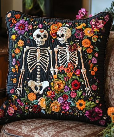 Dancing Skeleton Floral Quilted Pillow Cover — Playful Gothic Floral Throw Accent For Halloween & Day Of The Dead, Vibrant, Machine-Washable
